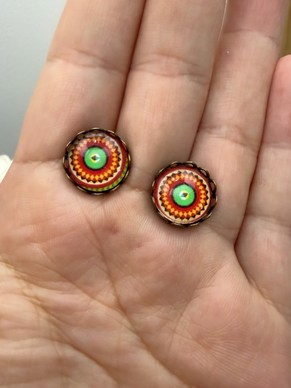 Handmade Colorful Mandala Stud Earrings - Green & Orange